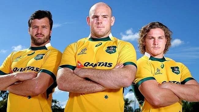 Wallabies captain, Stephen Moore, flanked by the co-vice-captains, Adam Ashely-Cooper and Michael Hooper