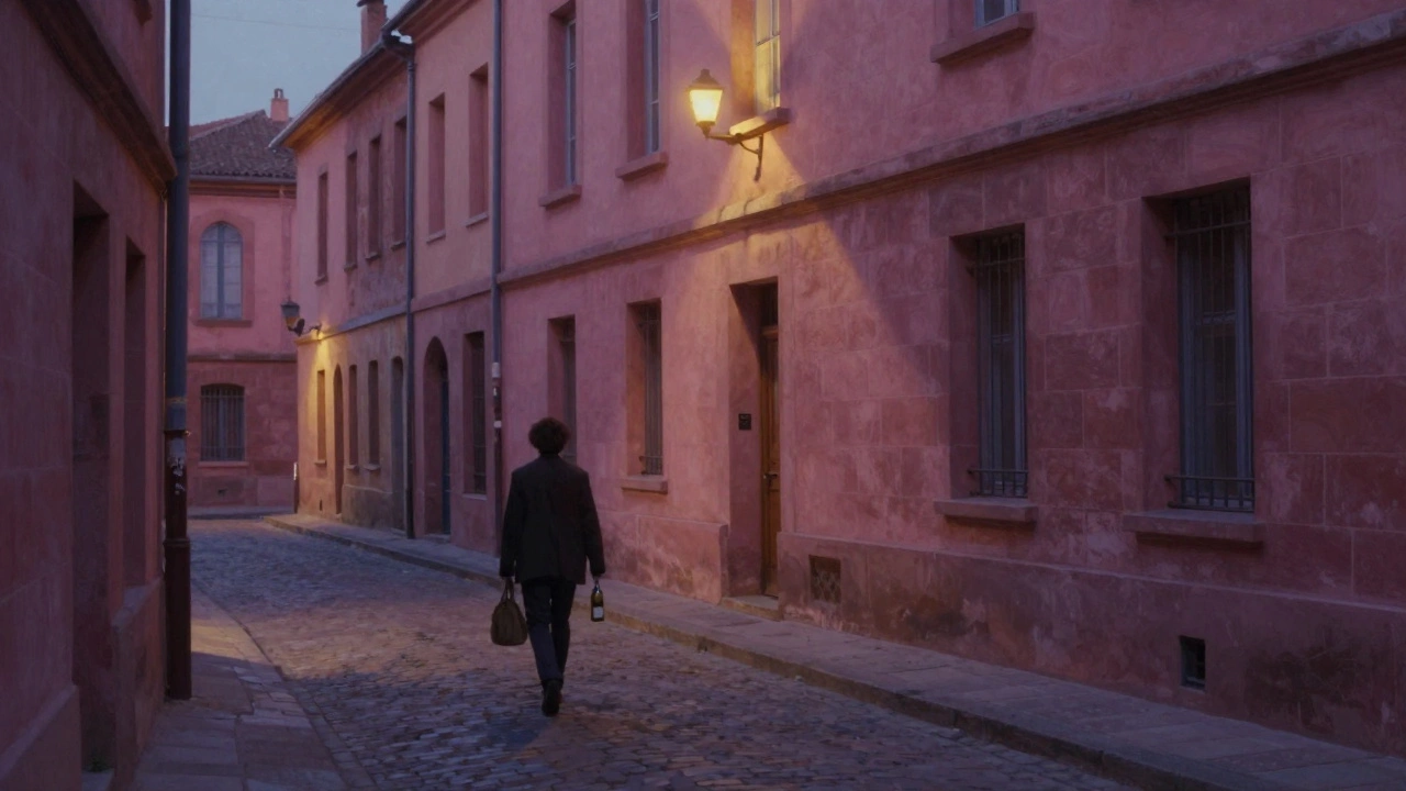 A solitary figure walks a twilight alley in Toulouse, carrying wine, pink stone buildings glowing softly in the fading light.