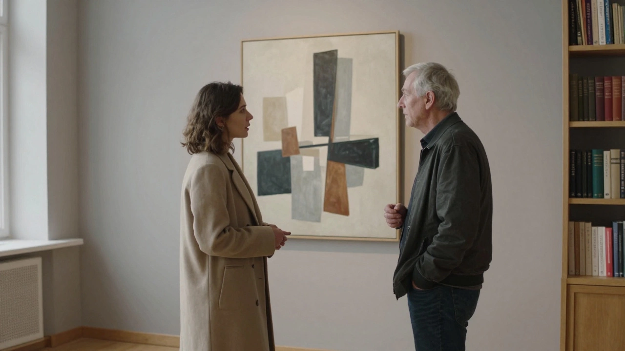 A woman and man quietly discussing art in a serene St. Petersburg gallery, bathed in natural light.