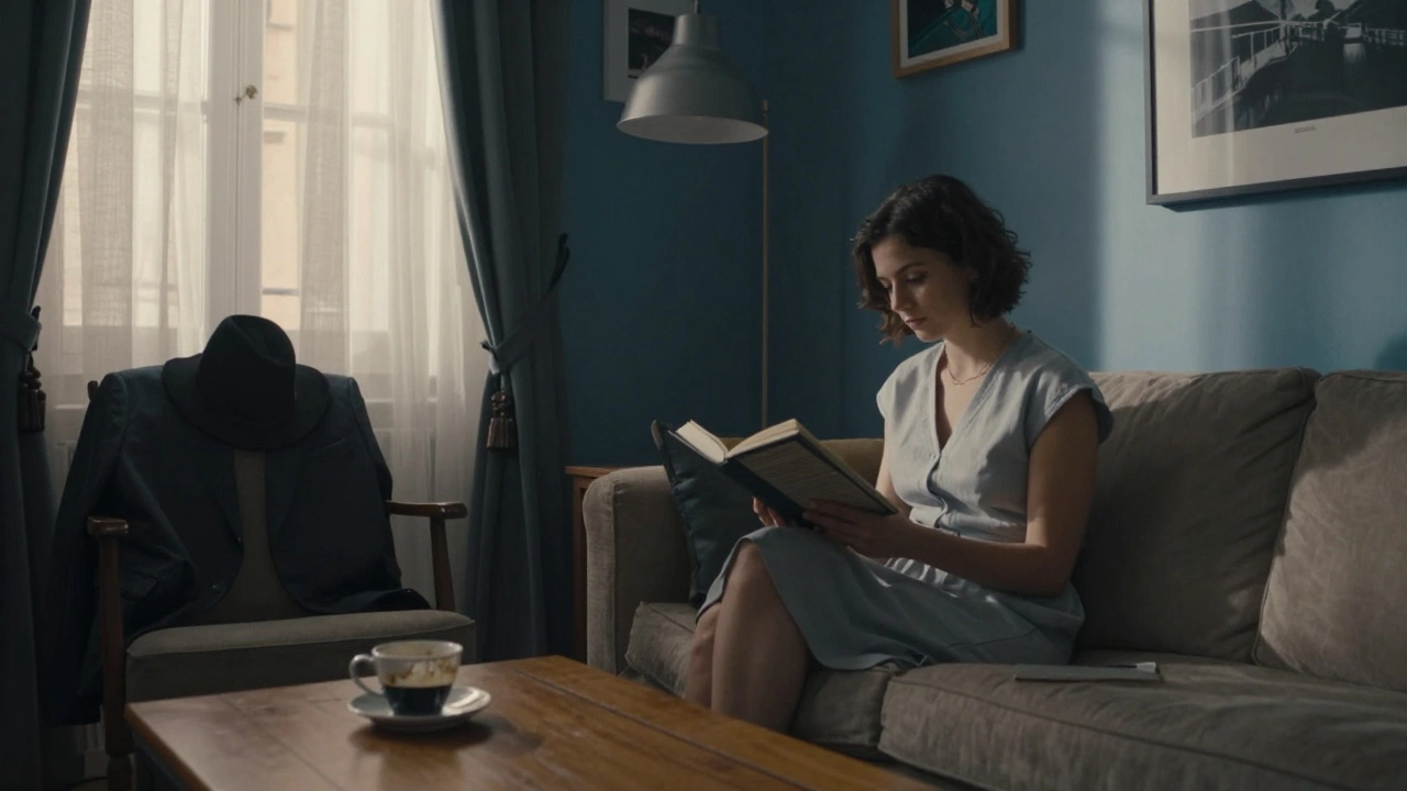 A woman reading poetry in a sunlit Toulouse apartment, a man’s coat resting nearby, books and art on the walls.
