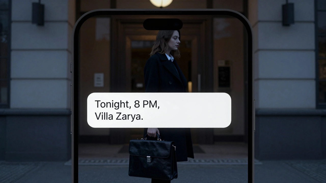 A woman standing outside a hotel at dusk, her face reflected in an encrypted messaging app screen.